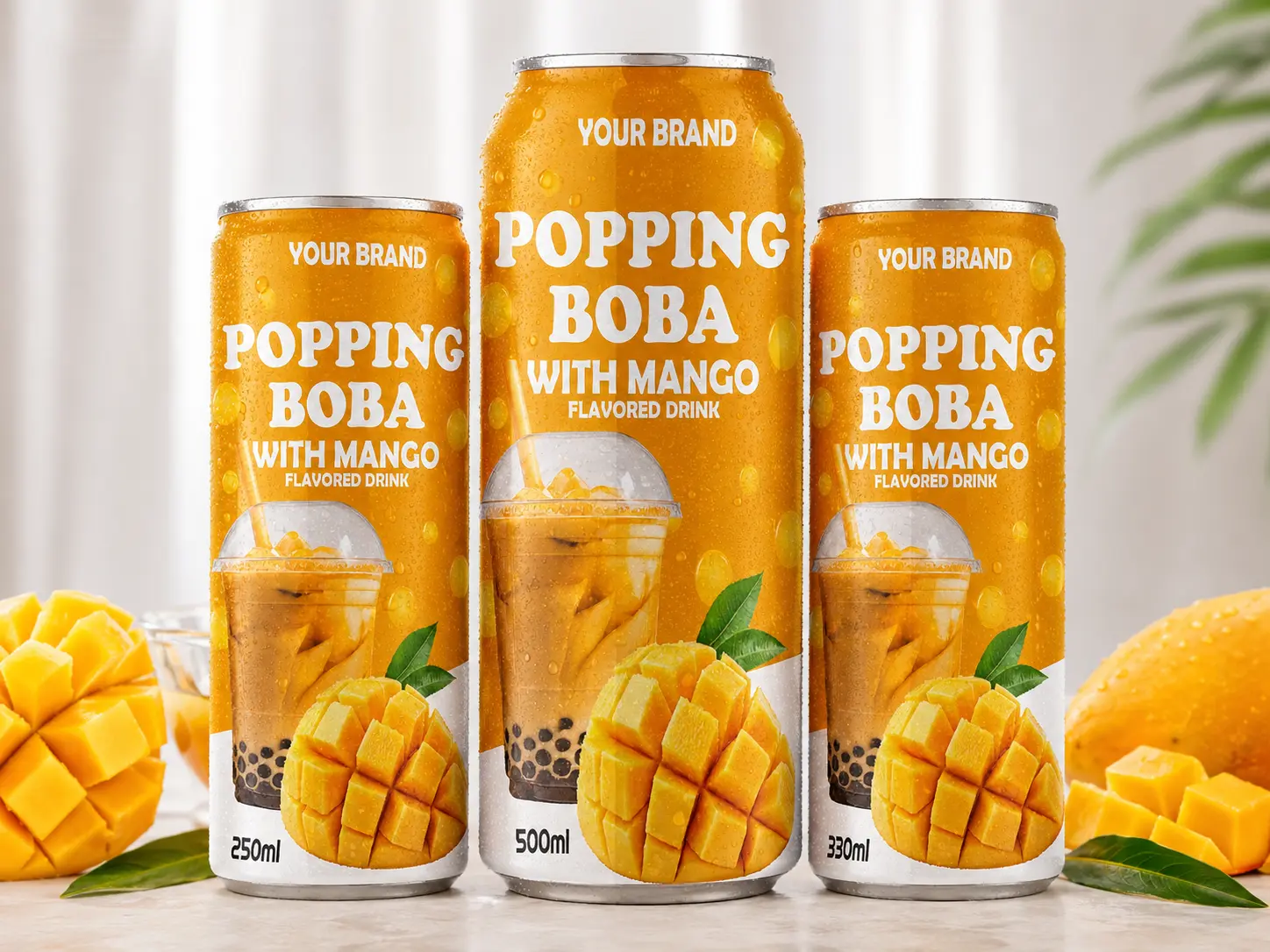 BUBBLE TEA Mango flavored popping boba drink shown in 250ml, 500ml, and 330ml cans.